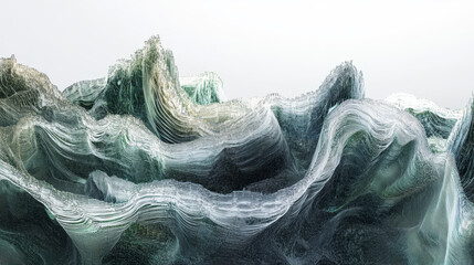 Terabytes of binary code data flying in a stream of information. Wavy field of coded blockchains. Neural network, points and numbers 3D illustration