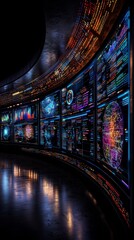 Obraz premium A futuristic data visualization wall displays colorful graphs and charts, showcasing complex information in an immersive digital environment.