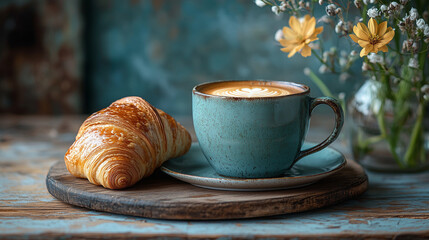 cup of coffee with croissant