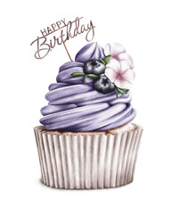 A watercolor illustration of a cupcake with purple frosting, blueberries, a flower, and a “Happy Birthday” topper. A stylish and festive design perfect for birthday-themed cards and decorations