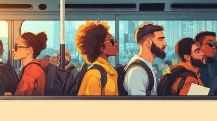 Digital artwork commuters in a crowded subway train showcasing urban life's hustle and bustle