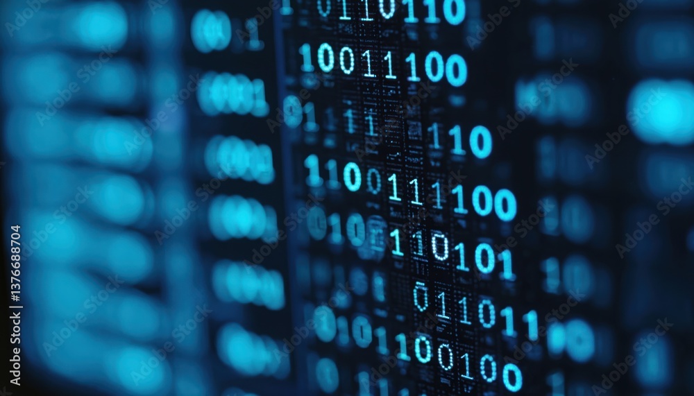 Aufkleber Blue digital binary data stream on computer screen. Numbers code information on monitor display. Programming software, data security concept. Abstract cyberspace network, modern IT.