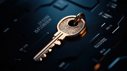 futuristic security system, a golden key entering a glowing keyhole on a high-tech door, surrounded by floating data panels ample space for text