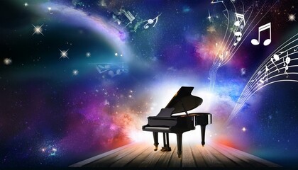 Piano is ready to play and waves of color fill space, its form against radiant glow that surrounds it. Symphony of light and sound. Concept of classical and modern music, entertainment, jazz. Ad. High