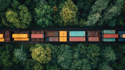 Freight train transports high fidelity equipment forest route photography aerial view sound quality