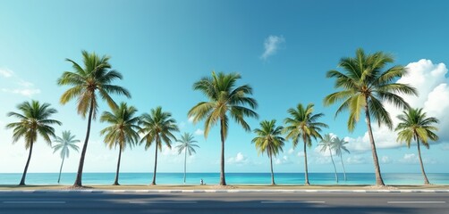 Coastal highway road with palm trees, blue sky, ocean view. Scenic tropical landscape perfect for summer travel vacation. Roadside palm trees tropical paradise.