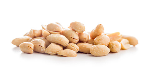 Roasted salted peanuts isolated on white background.
