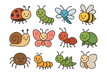 Cute Cartoon Insects Set: Ladybug, Caterpillar, Butterfly, Bee, Snail, Ant, and More
