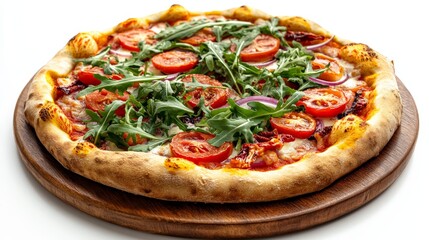 Delicious vegetarian pizza with arugula, tomato, and red onion on wooden board