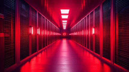 Futuristic corridor with closed gates and red alarm lights on walls and ceiling. Vector cartoon illustration of fantasy spacecraft interior, fantastic prison or hotel, bunker hallway, sci fi lab