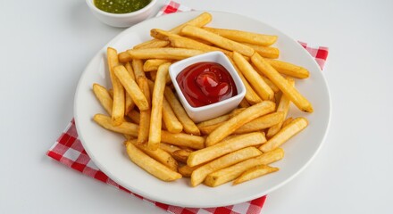 A plate of french fries with ketchup and green sauce on a checkered napkin on white background