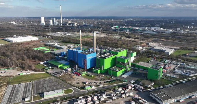Waste incineration facility, industrial plant to turn waste into energy. Aerial view.