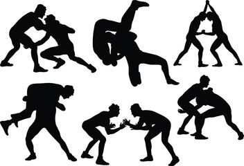 Wrestling silhouettes set