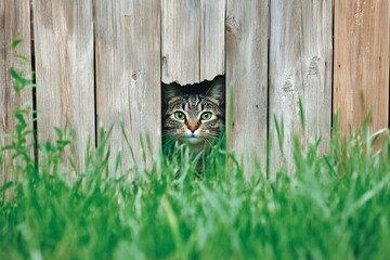 Curious cat peeking through wooden fence in green garden