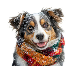 A Dog Wearing a Festive Scarf Playing in the Snow Isolated on Transparent Background