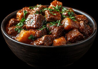 Beef Stew in Rustic Bowl.