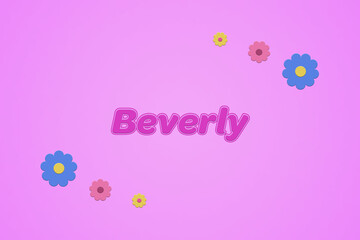 Beverly female girl name illustration in pink with blossoms, flowers