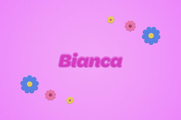Bianca female girl name illustration in pink with blossoms, flowers