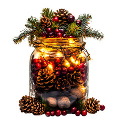 Mason Jar Filled with Pine Cones and Fairy Lights Isolated on Transparent Background