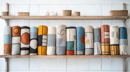 Rolled-up colorful patterned rugs on shelves