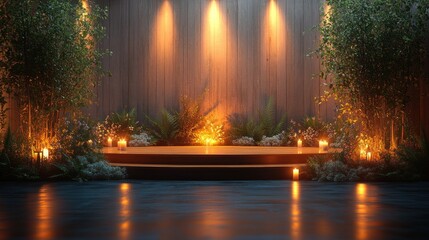 Fototapeta premium Illuminated wooden stage with candles and plants.