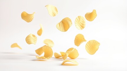 Naklejka premium Floating Crispy Potato Chips on White Background