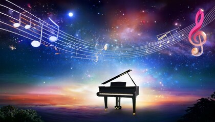 Piano is ready to play and waves of color fill space, its form against radiant glow that surrounds it. Symphony of light and sound. Concept of classical and modern music, entertainment, jazz. Ad. High