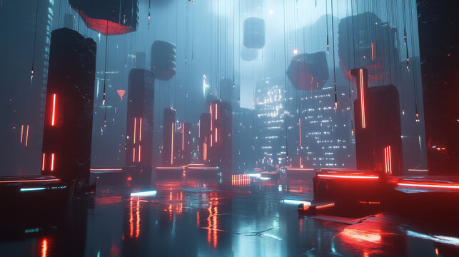 Artificial intelligence and wireless technology. Global digital network. Bright neon light. 3d illustration of polygonal objects with elements of HUD