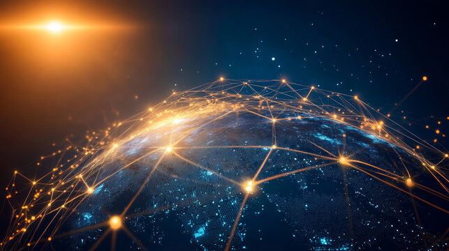 Artificial intelligence and wireless technology. Global digital network. Bright neon light. 3d illustration of polygonal objects with elements of HUD