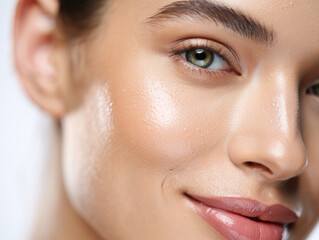 Obraz premium Extreme close-up of young woman's face with fresh dewy skin covered in fine water droplets, green eye, and soft smile under bright studio light