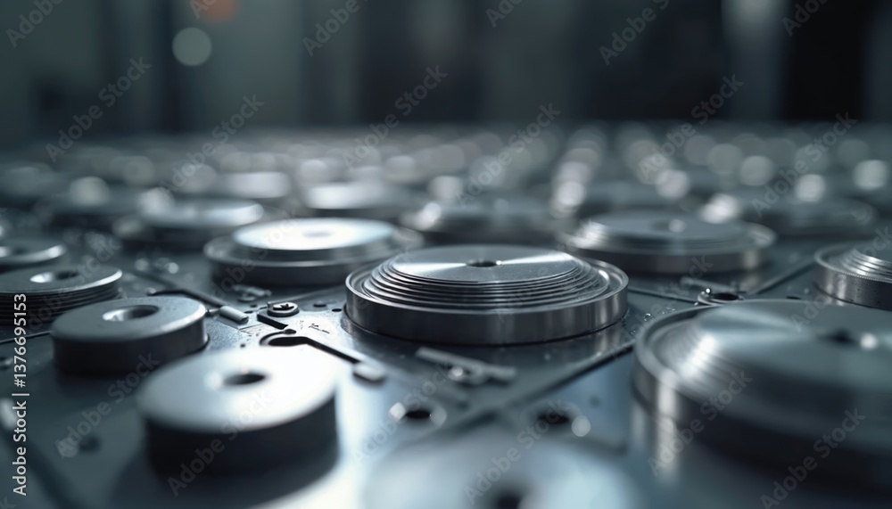 Leinwandbilder close-up view high-precision metal discs used in automated forging processes. advanced metalworking 