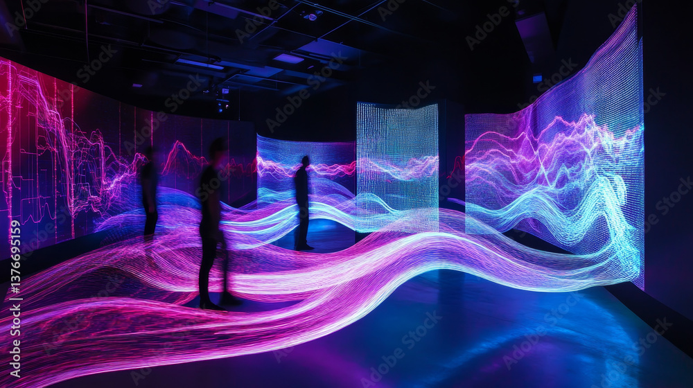 Wall mural data particles in the information flow of neon strings. 3d illustration of digital sound vibrations