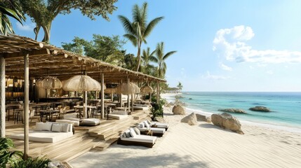 Tropical beachfront resort with tiki bar and turquoise ocean views for getaway relaxation
