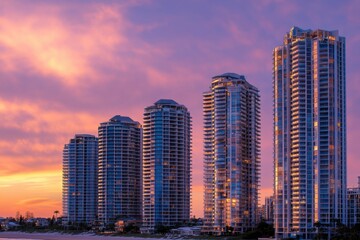 Fototapeta premium The towering high-rise buildings of the Gold Coast in Australia, showcasing their unique architecture and stunning ocean views at dusk Generative AI