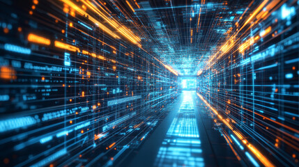 Futuristic sci-fi tunnel background wave dots and lines. Artificial intelligence. Big data technology .Space station.3d rendering.