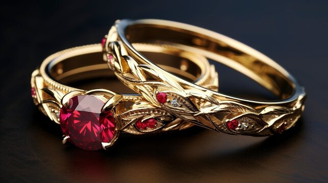 A photo of a gold and ruby bridal set. ,