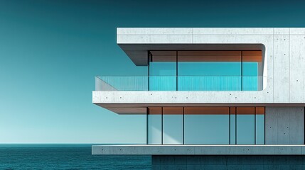 Modern concrete house with glass windows and balcony overlooking ocean.
