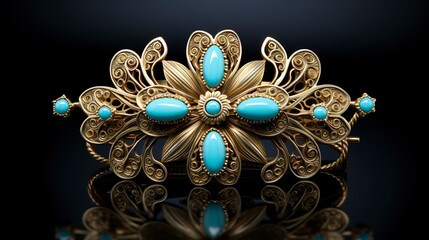 Fototapeta premium A photo of a gold and turquoise brooch.