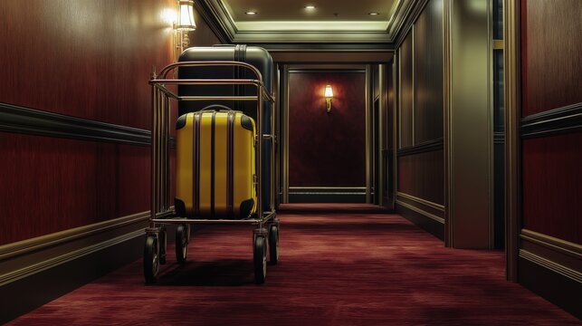 A hotel hallway with a luggage cart carrying two suitcases (one yellow, one dark blue)