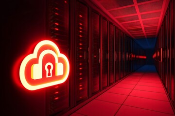 Glowing cloud symbol with closed padlock in dark server room represents cloud computing security and data protection