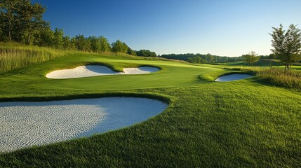 Obraz premium A stunning golf course at sunset displayed on the lush green, captivating to behold