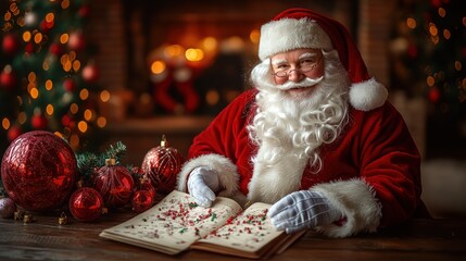 Santa Claus reading a book by the fireplace