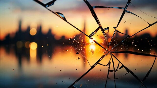 Urban skyline at sunset through shattered glass pane