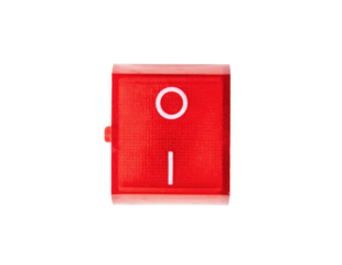 Red power switch button with symbols I - means On, 0 - Off, isolated on white background, representing concepts like power, control and activation,