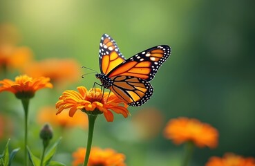 Naklejka premium Monarch butterfly on orange flowers. Bright butterfly sits on petal, green blurred background. Summer nature, floral elements, insect macro photo. Insect on orange blossom, copy space.