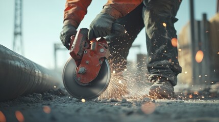 A construction worker operating a power saw to cut metal pipes. Featuring precision and safety