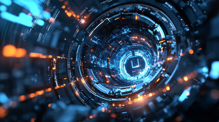 Obraz premium Cybersecurity online. Concept of global network protection. 3D illustration of a futuristic digital lock. Neon light and a ball of desires from polygonal elements