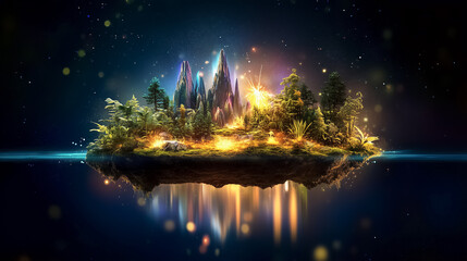 Fototapeta premium Floating island showcases vibrant landscapes with lush trees and majestic mountains. Surreal glow illuminates surroundings in enchanting night setting. Concept of fantasy art, imagination, adventure