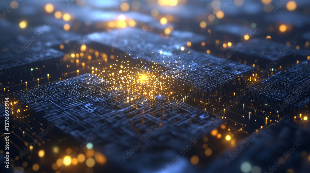 Poster abstract concept of quantum computer. virtual database in cyberspace global network. 3d illustration