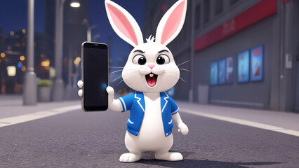 An animated rabbit character is joyfully holding a smartphone in a vibrant urban setting
